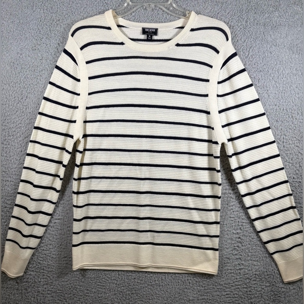 Todd Snyder Shirt Mens Medium White Navy Stripe Long Sleeve Waffle Knit Crewneck